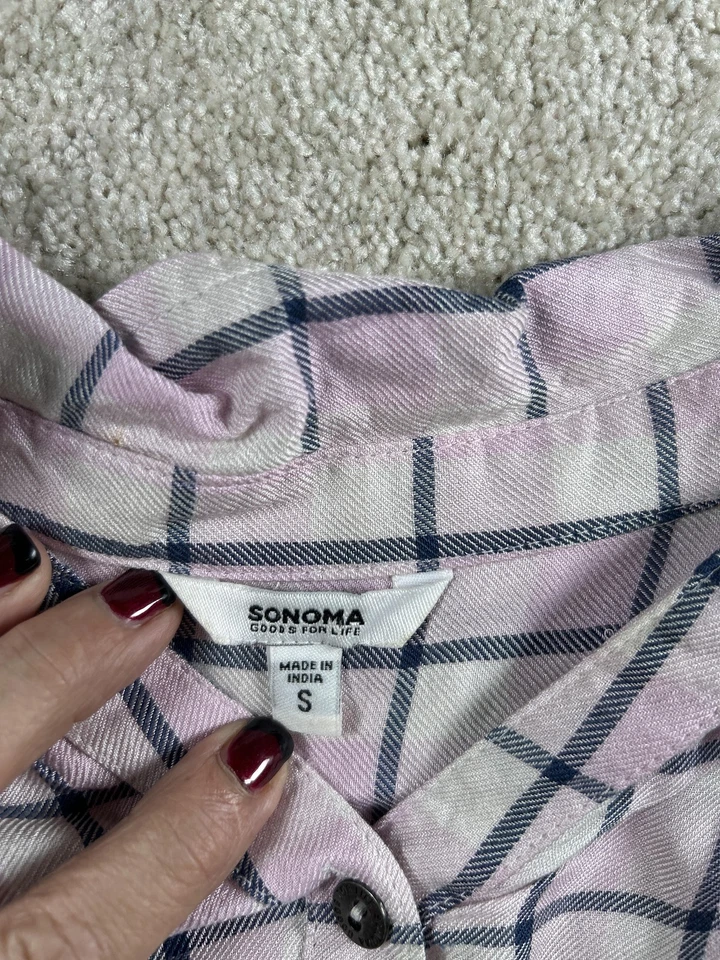 Camisa Sonoma Feminina Pequena Rosa Azul Xadrez Manga Enrolada com Botões 100% Modal - Imagem 4 de 4
