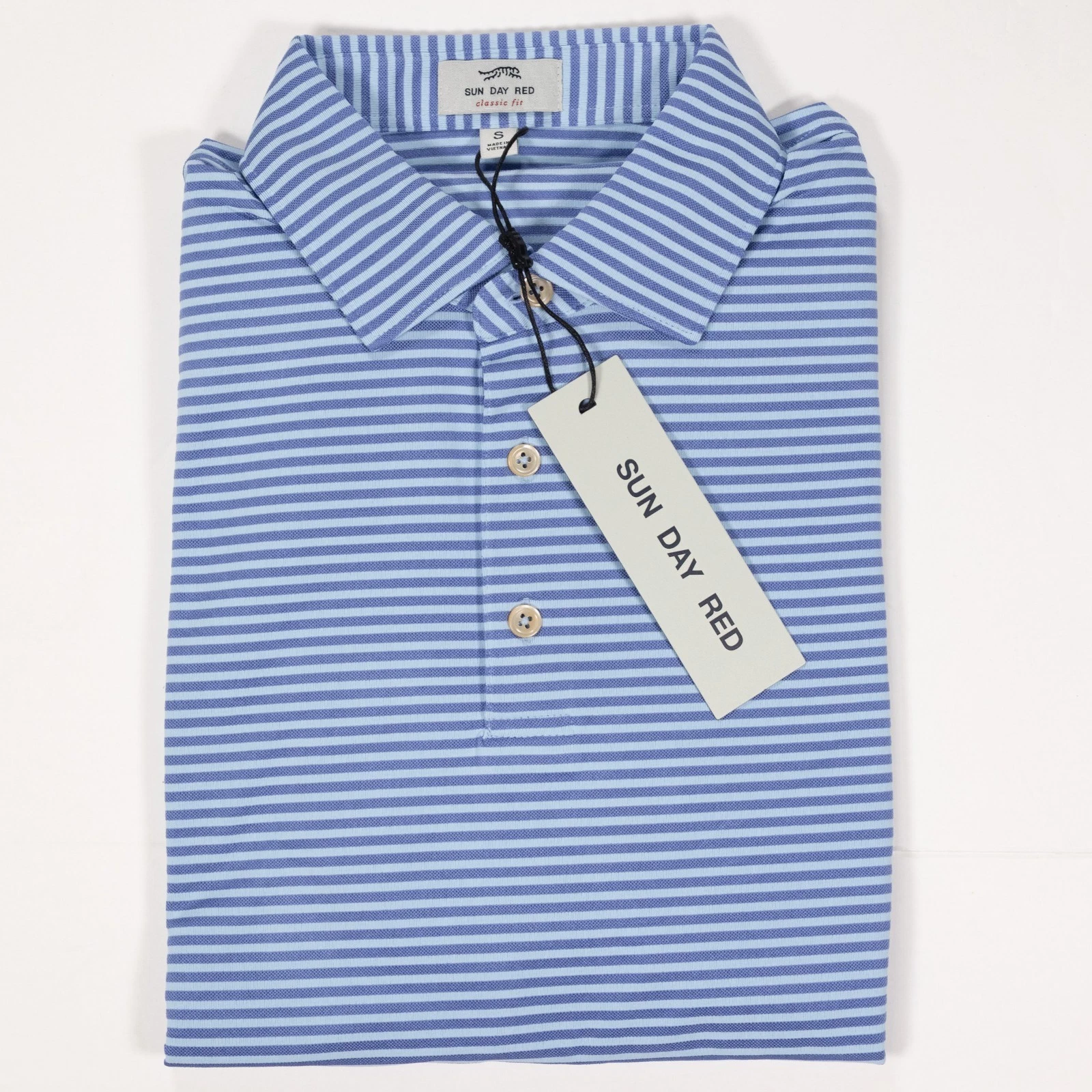 Sun Day Red Pioneer Stripe Polo Shirt Small Light Blue NWT Tiger Woods Golf