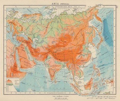 ASIEN PHYSISCH. Relief Berghöhen Meerestiefen Flüsse. JOHNSTON 1910 Karte