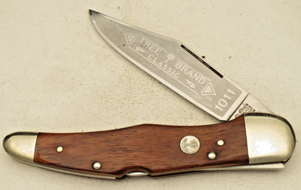 Cuchillo vintage BOKER Solingen #1011 Lockback - asas de palo de rosa - con funda Foto 4 de 4