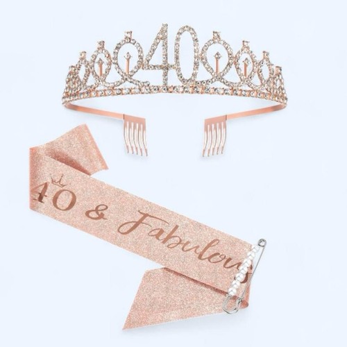 40th Birthday Rose Gold Diamond Tiara Sparkle Sash “40 & Fabulous” Glasses Set