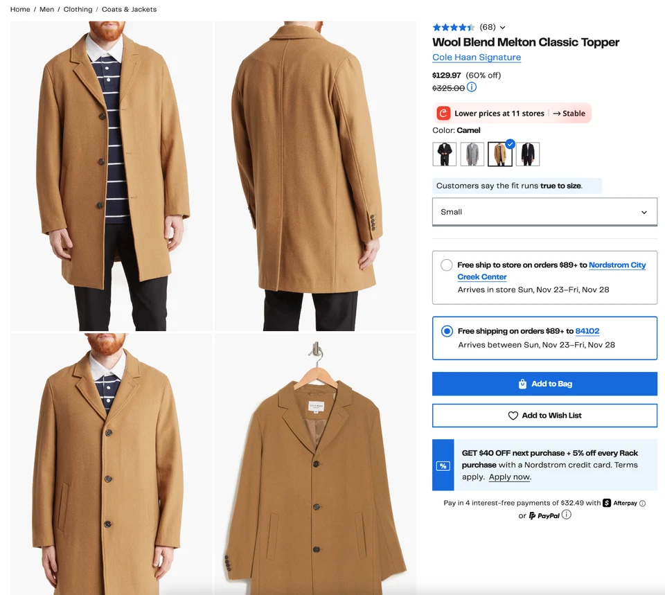 Cole Haan Signature Mens Wool Blend Melton Classic Topper Small Camel $325 MSRP - Image 2 of 4