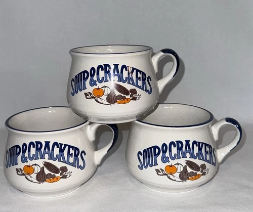 Vintage 1980's Blue "Soup And Crackers" Soup Handled Lg Mug / Bowl Set of 3 Vtg