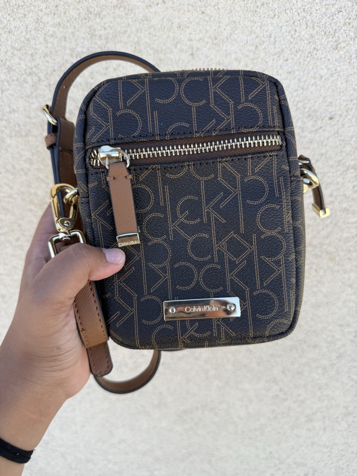 Calvin Klein Monogram Small Zip Crossbody Bag Brown/Black Gold Hardware