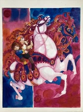 Vintage Watercolor Painting Young Couple On The “Carousel” By Susan “Sunda”Hood