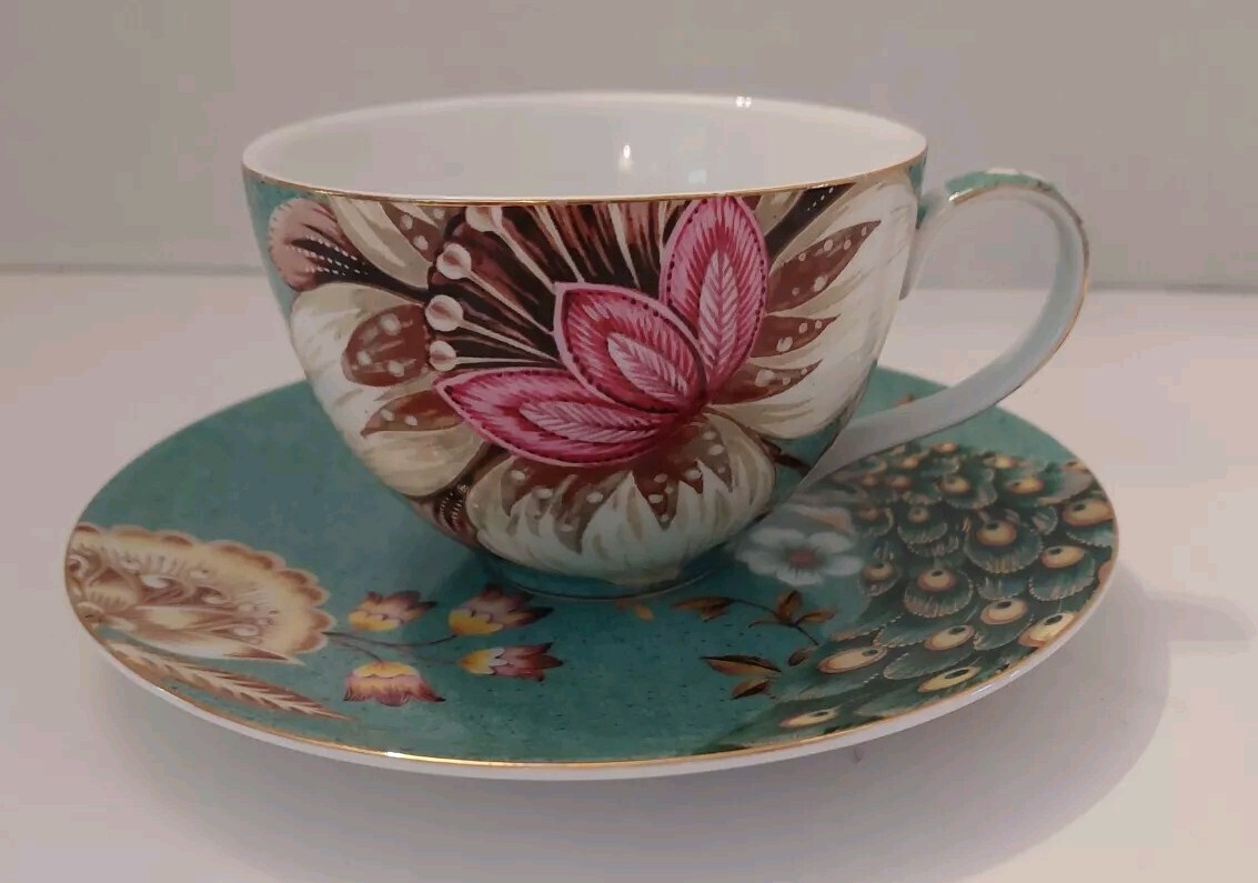 Grace Teaware Teacup And Saucer Set Peacock And Flowers Teal Gild