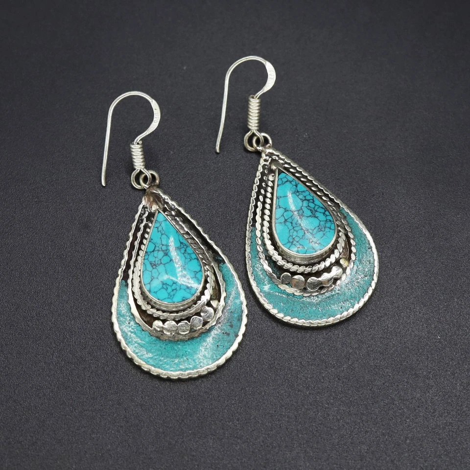 PE03🎁New Arrival🎁Tibetan Turquoise Handmade Designer Ethnic Choker Earrings - Image 2 of 3
