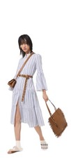 Michael Michael Kors NEW Striped White Blue Cotton Gauze Tiered Midi Dress Large