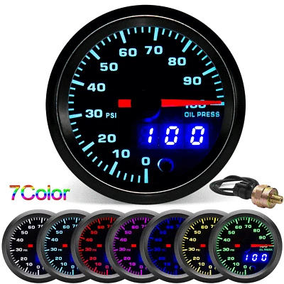 52mm 7 Color Oil Pressure Gauge 0-100 Psi with Sensor Analog/Digital Dual Disply - Image 1 of 4