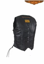 Women's Motorcycle Goat Skin Leather Vest, Black - Button Closure Lace Sides New