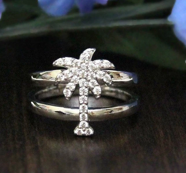 Two Row Unique Palm Tree Shank Engagement Wedding Ring 9Ct White Gold