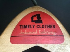 Wishbone Timely Clothes Hanger RED LABEL VTG Wood Balanced Tailoring Advertising