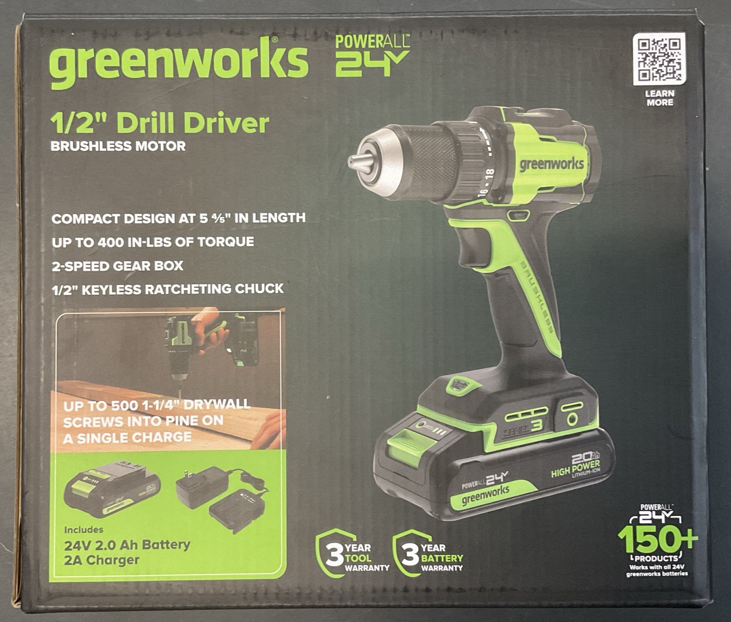 Greenworks POWERALL 24V Cordless Brushless Drill/Driver Kit - New! Free Shipping