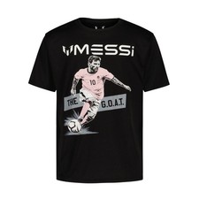 Messi Kicking Soccer Ball GOAT Boy's Black T-Shirt. Boy's Sizes S-XL. New