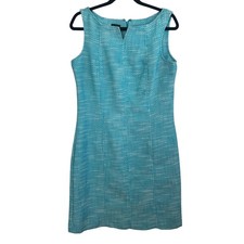Talbots Tweed Sheath Dress Teal Blue White V-Neck Back Zip Sleeveless Sz 12P