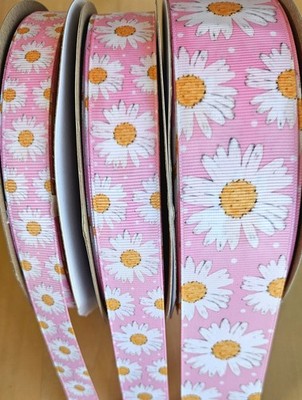 7/8'' (1 YD) Daisy Grosgrain Ribbon Daisies on Pink Ribbon Floral Ribbon