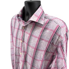 Thomas Dean Button Down Mens L Pink Plaid Paisley Shirtmakers Cloth Long Sleeve