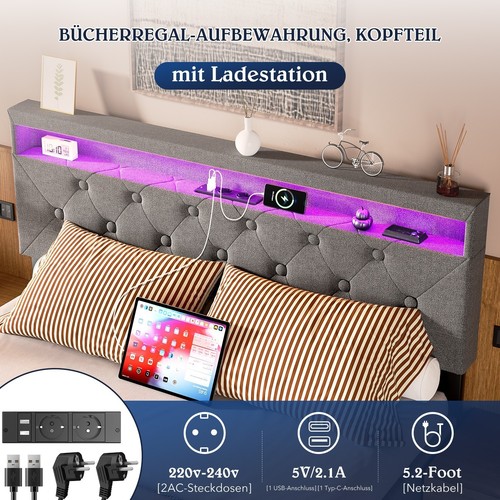 RGB-LED Polsterbett Doppelbett 160x200 mit Ladestation Stauraumbett Bettgestell - Bild 7 von 21