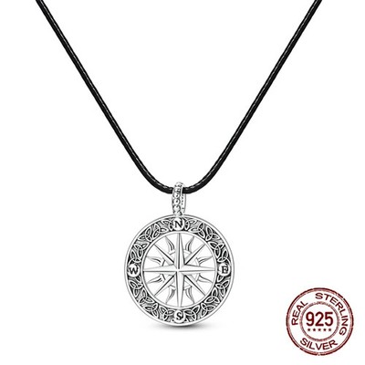 Halskette Anhänger Kompass 925 Sterling Silber Kordel Leder Vintage Herrenschmuck