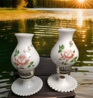 2 Milk Glass Floral Hand-Painted Rose Hobnail Bse Mismatched Table Lamps 11.25"H