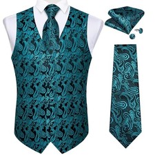 Mens Vest and Tie Set Formal Paisley Waistcoat and Necktie X-Large A Teal