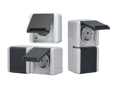 Jung Feuchtraum Steckdose Aufputz IP44 hell/dunkelgrau W800/822 einfach zweifach