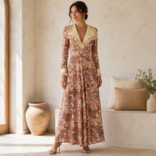 Vintage 70s Asian Print Maxi Dress Lace Collar XS/S Boho Prairie Hippie Festival
