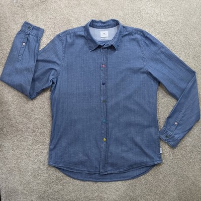 PS Paul Smith Herren Tailored Fit Baumwolle Leinen Hemd blau farbige Knöpfe Large