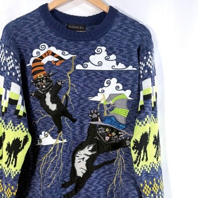 Blizzard Bay Sweater Blue Halloween Witch Cats Lightning Bolt Graphic Womens L