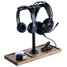 Solid Acacia Wood Headphone Stand Desk Industrial Headset Holder Storage Base