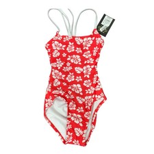 New Art Class Girls Large 10/12 Tropical Red White Floral 1PC Swim Swimsuit
