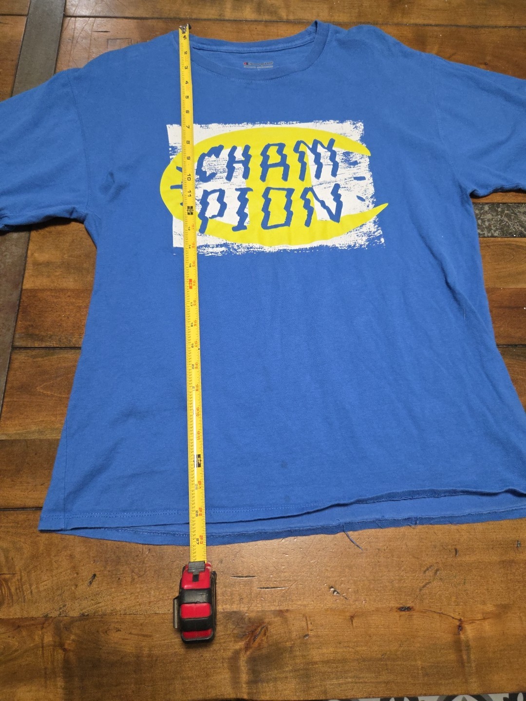 Champion Men's Graphic T-Shirt Large L Blue Yellow Glitch Script Spellout Tee image 7