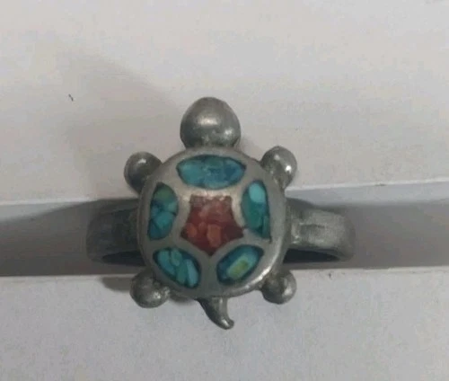 Vintage Turtle Ring Turquoise Coral Silver Inlay,Navajo Tribal Made