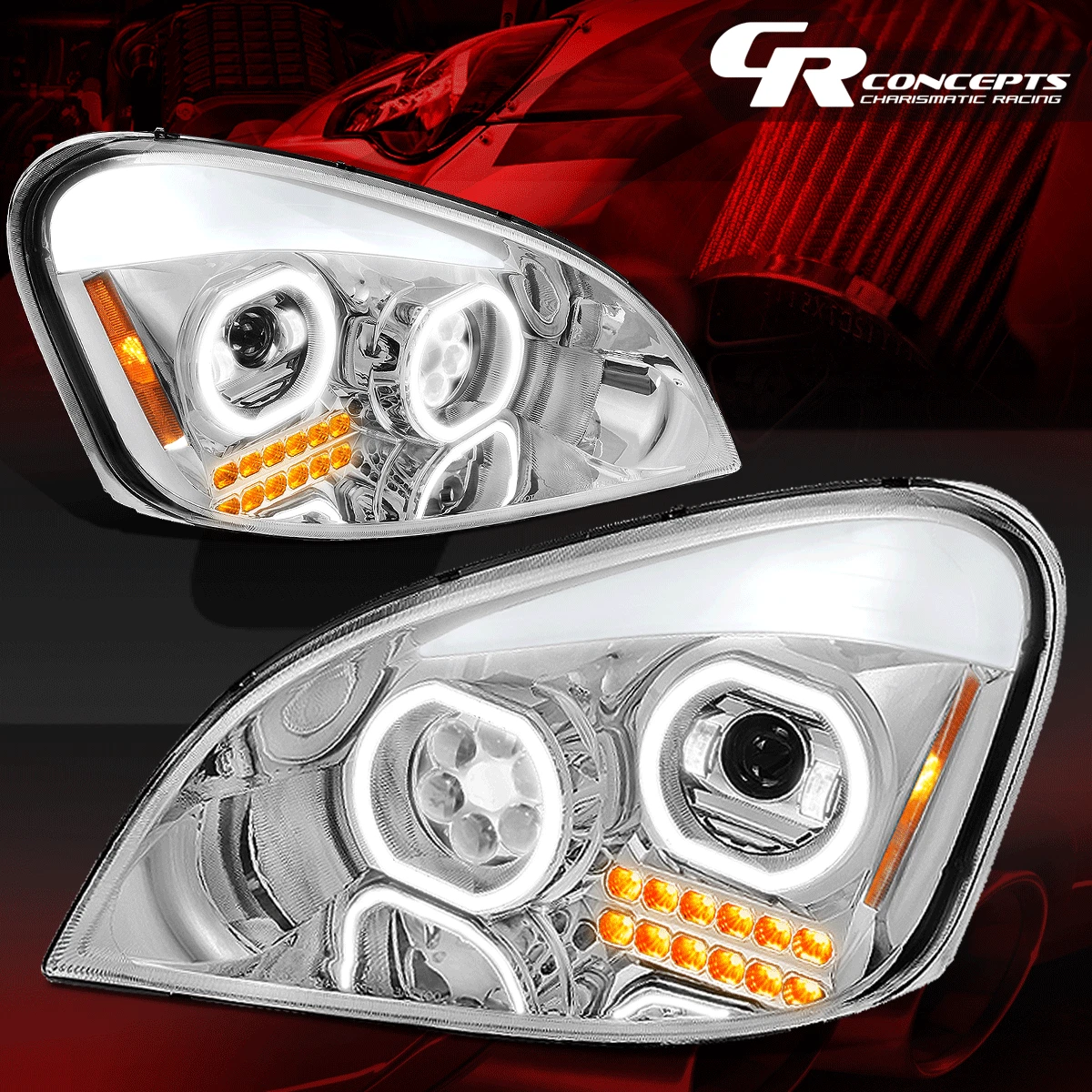 CHROME LED DRL HALO TURN SIGNAL PROJECTOR HEADLIGHT LAMP FOR 2008-2017 CASCADIA