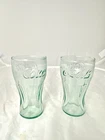 2  Vtg IG Coca Cola Coke Green Mini Drinking Glasses Embossed Logo 4 1/2'' Tall