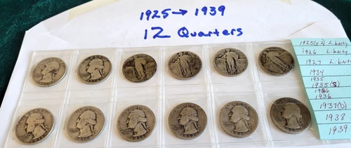 (12) US 1925-1939 Quarters, 4 Liberty, Circulated 90% Silver ** Actual  PHOTO