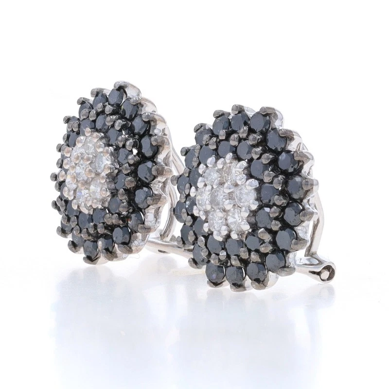 White Gold Black Diamond Cluster Stud Earrings -14k Rnd 2.00ctw Clip-Ons Treated - Image 2 of 4