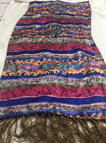 Bright Colors 100% SILK Scarf Shawl Double Sided Fringe 44 x 11" - Picture 2 of 4