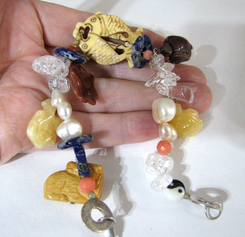 Rock Crystal Carved Stone Bracelet Multi Material Artisan Animal Spirit Fetish