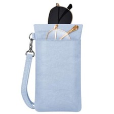 Double Eyeglasses Pouch with Carrying Strap, Portable Squeeze Top Blue