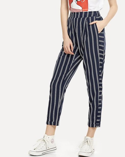 donna pantaloni Casual vita alta elastico comodi righe Blu XS-S-M-L | eBay