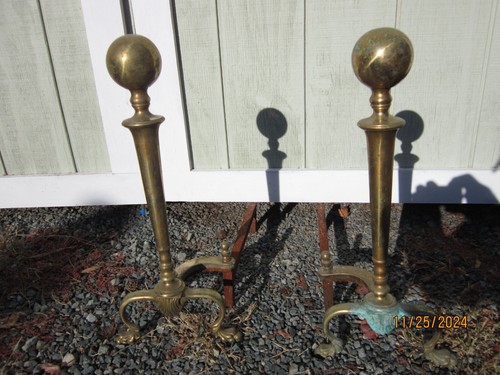 Vintage Brass Cannonball Top-Clawfooted Andirons 20