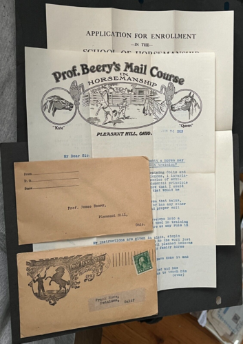 1912 PLEASANT HILL OH PROF BEERY HORSE EDUCATOR AD COVER + LETTERS ! MACHINE CXL