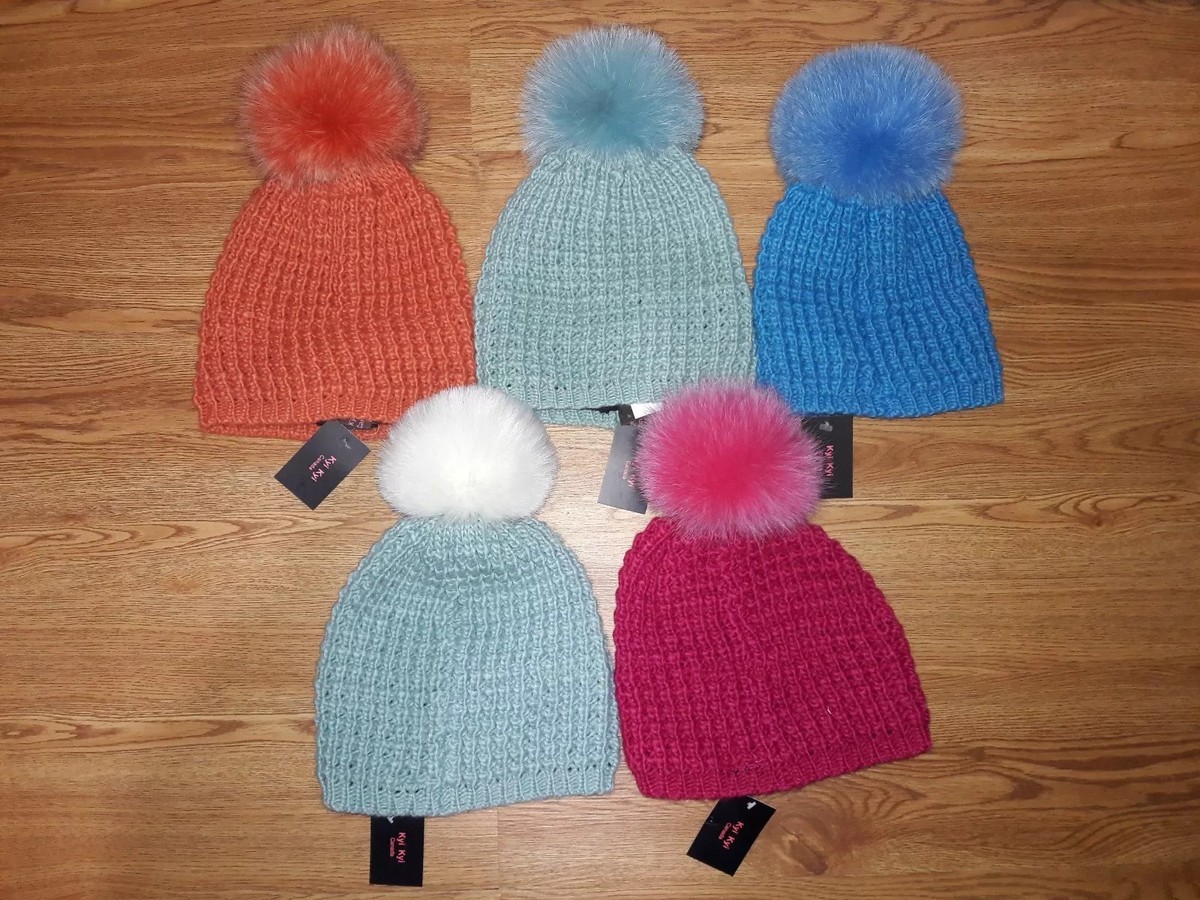 Kyi Kyi Women’s Knit Wool Blend Faux Fur Pom-Pom‎ Winter Beanie (Red) Kyi Kyi Beanie Hat Fox Fur Pom Pom Teal Blue Magenta Red  main image 3