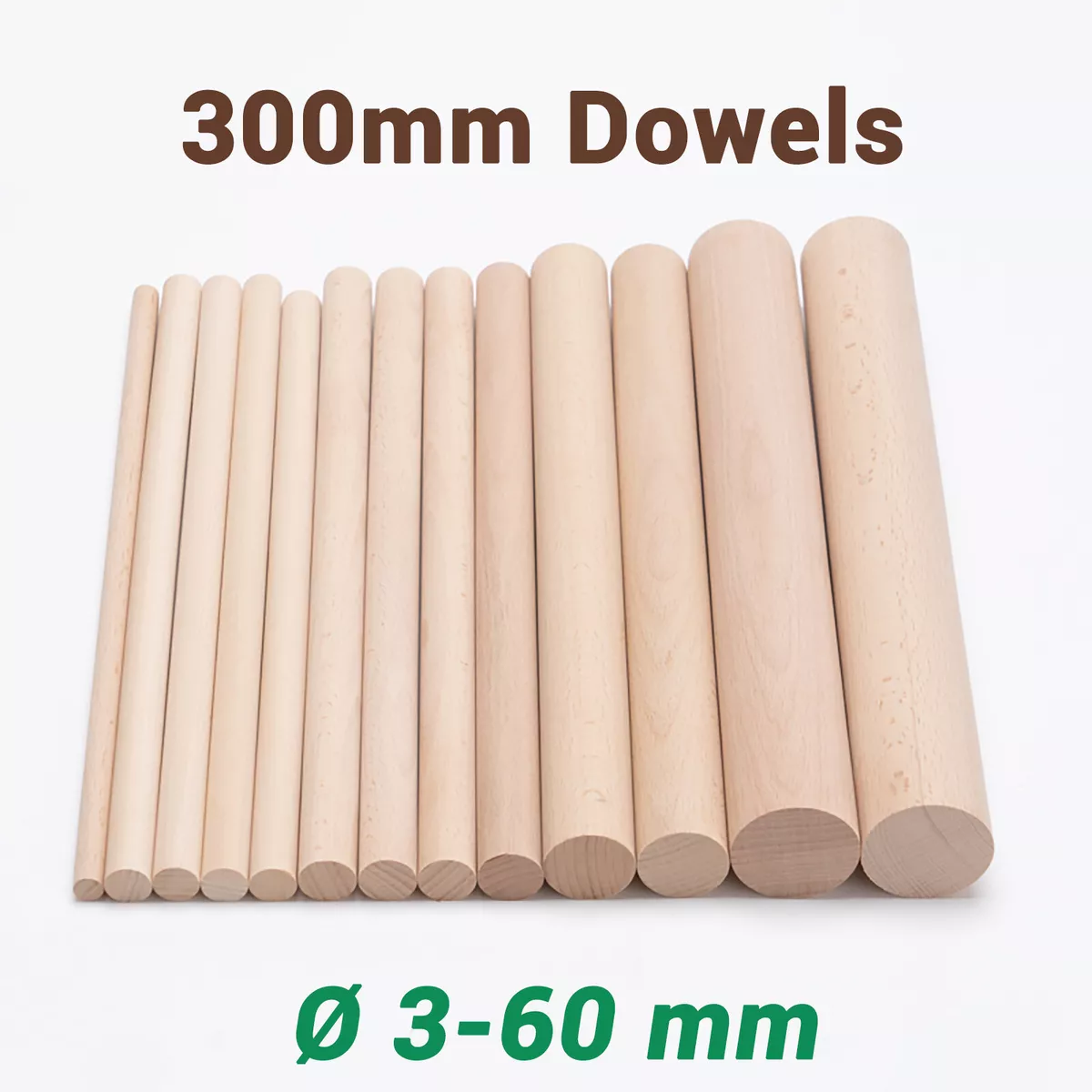 Wooden dowel rod 3,5,8,10,12,15,18,20,22-60mm diameters x 300mm