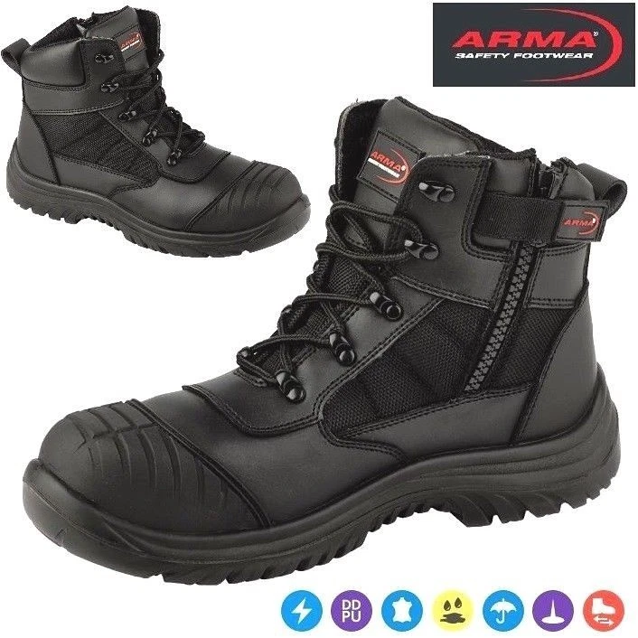 ARMA Leather Safety Steel Toe Cap Zip / Lace Work Waterproof Mens Ankle Boots Sz