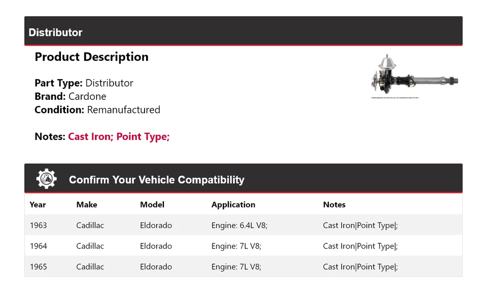 Para Cadillac Eldorado 1963-1965 distribuidor Cardone 1964 Foto 2 de 4