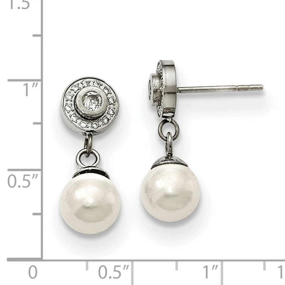 Pendientes colgantes cincel acero inoxidable pulido circonita cúbica y perlas FWC SRE1011 Foto 3 de 3