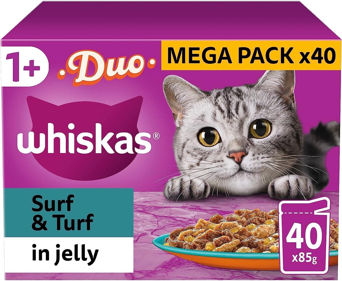 40x 85g Whiskas Duo Surf and 1+ Adult Cat Food Pouches Mixed in Jelly