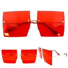 OVERSIZED EXAGGERATED RETRO SUN GLASSES Gold Rimless Frame Large Square Red Lens